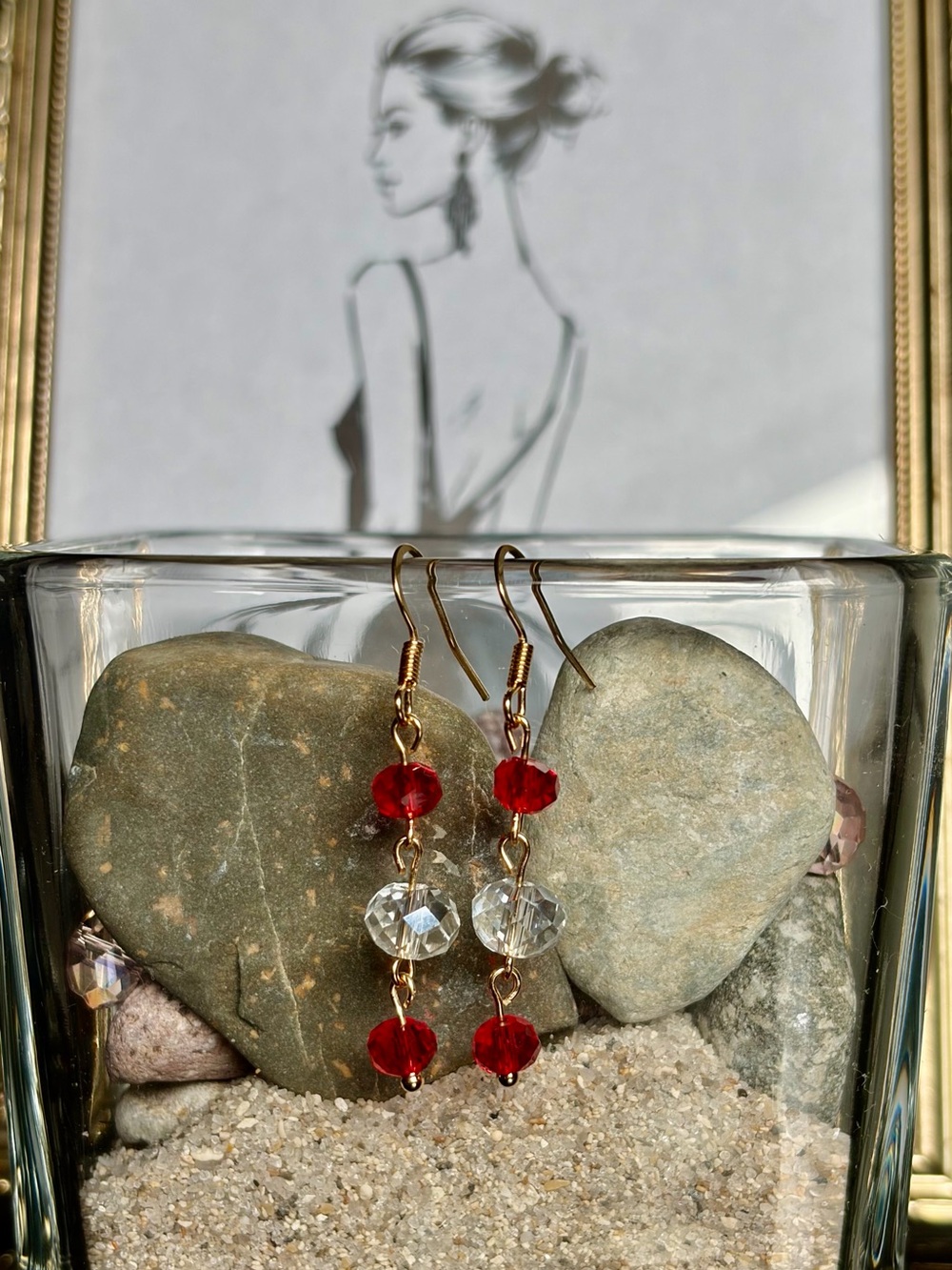 Gold-Tone Drop Earrings with Red and Clear Crystals